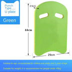 Liveify green punch type U plate swim kickboard with 44cm length, 29cm width, 2.5cm thickness, for kids and adults over 3 years
