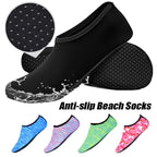 Liveify black anti-slip beach socks with textured grip sole, shown with blue, pink, green, and camo color options