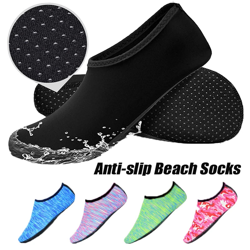 Liveify black anti-slip beach socks with textured grip sole, shown with blue, pink, green, and camo color options