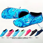 Liveify blue patterned water shoes with quick-dry fabric, ideal for beach, pool, or water sports, shown in multiple color options.