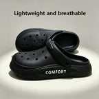 Liveify black lightweight breathable clog sandals with COMFORT text, perforated design, rubber sole