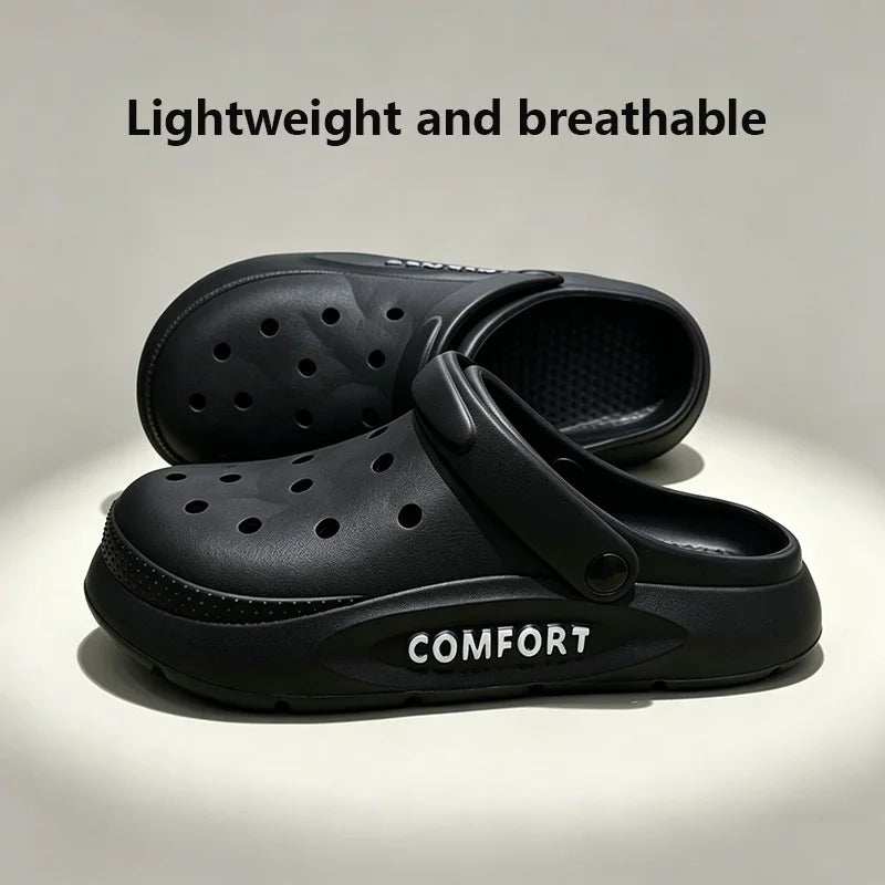 Liveify black lightweight breathable clog sandals with COMFORT sole, perforated upper, and adjustable strap