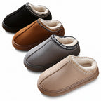 Liveify cozy fleece-lined slippers in black, brown, gray, and beige with knit trim on wooden floor