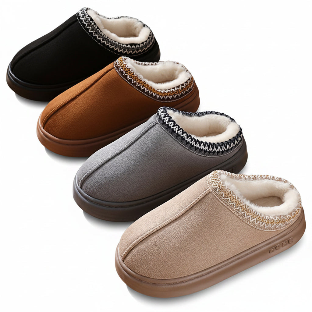 Liveify cozy fleece-lined slippers in black, brown, gray, and beige with knit trim on wooden floor