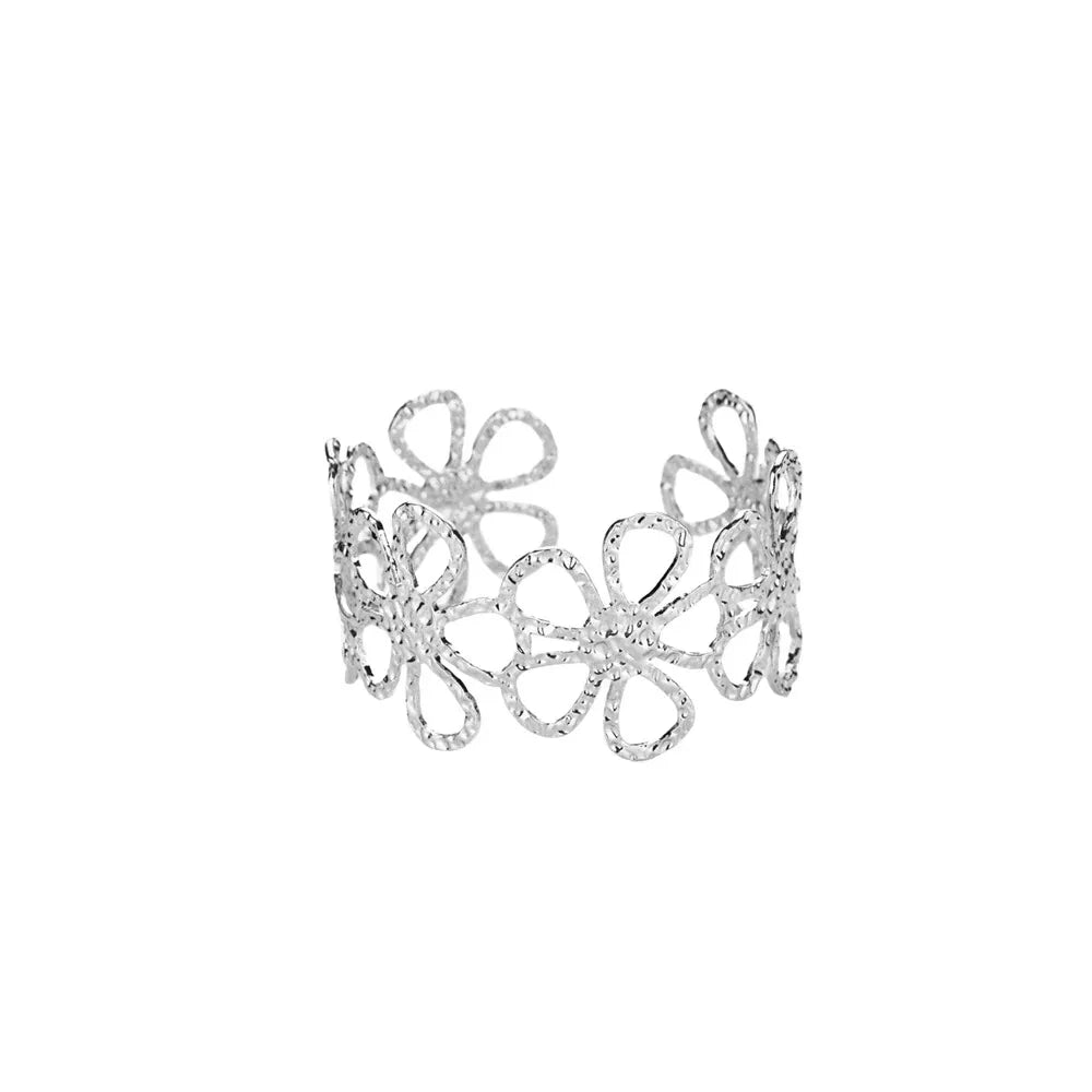 Liveify silver flower cuff bracelet with textured petals, open design, elegant women's jewelry