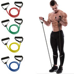 Liveify resistance bands with handles in red, green, yellow, blue; man using black band for home workout