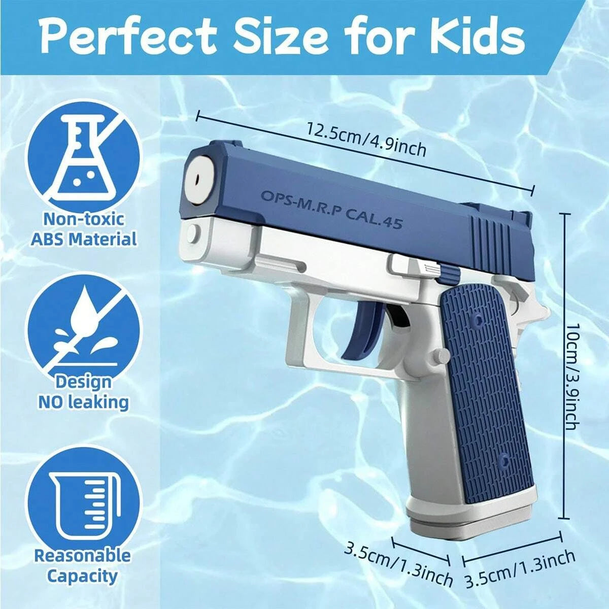 Children's toy gun with measurements and safety features on a blue water background