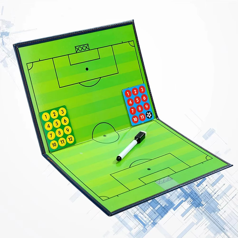 Liveify foldable soccer coaching board with green field, numbered player tokens, and dry erase marker for tactical training