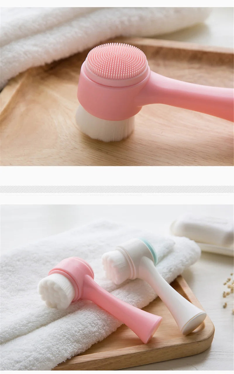 Liveify pink and white silicone facial cleansing brush with soft bristles, shown on wooden tray with towel