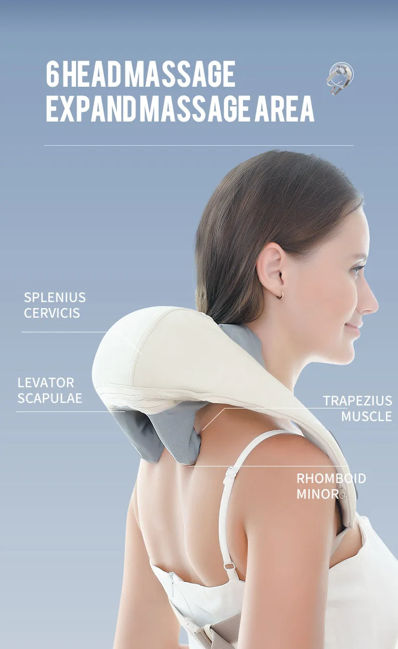 Liveify 6-head neck and shoulder massager with targeted muscle relief, beige fabric design for splenius, trapezius, rhomboid