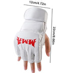 Liveify white MMA glove with red logo, fingerless design, leather material, 22cm length for training