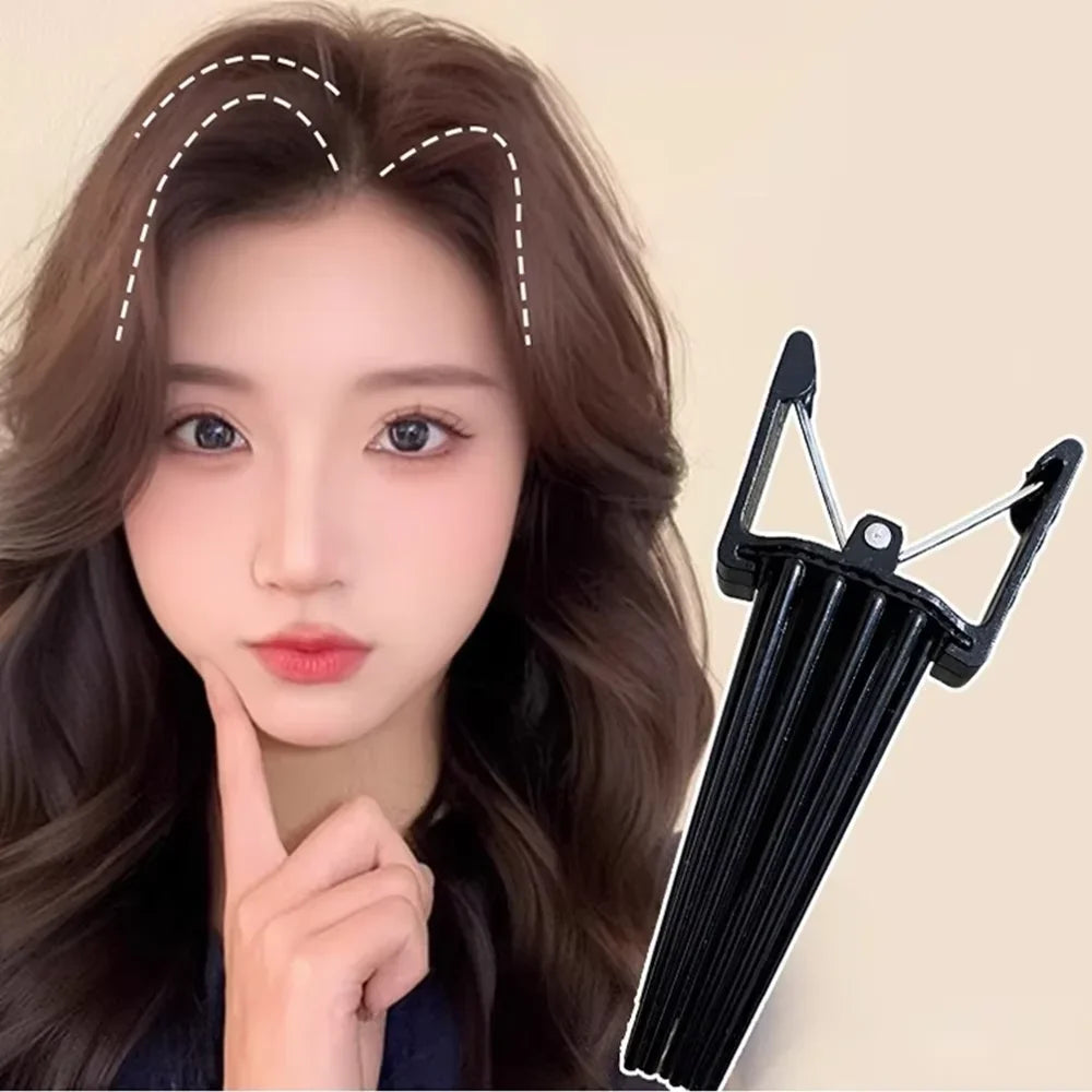 Liveify black plastic hair clip for volumizing bangs, shown with model demonstrating forehead lift effect