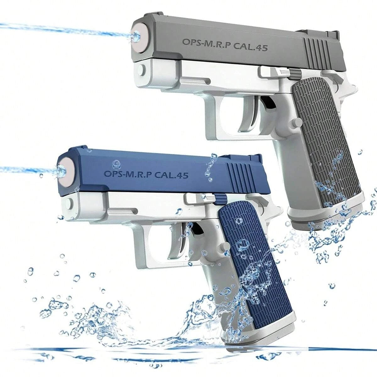 Two water guns with blue and gray design, labeled 'OPS-M.R.P CAL 45', surrounded by water splashes on a white background.