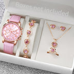 Liveify pink leather watch with rose gold heart jewelry set, crystal accents, gift box display
