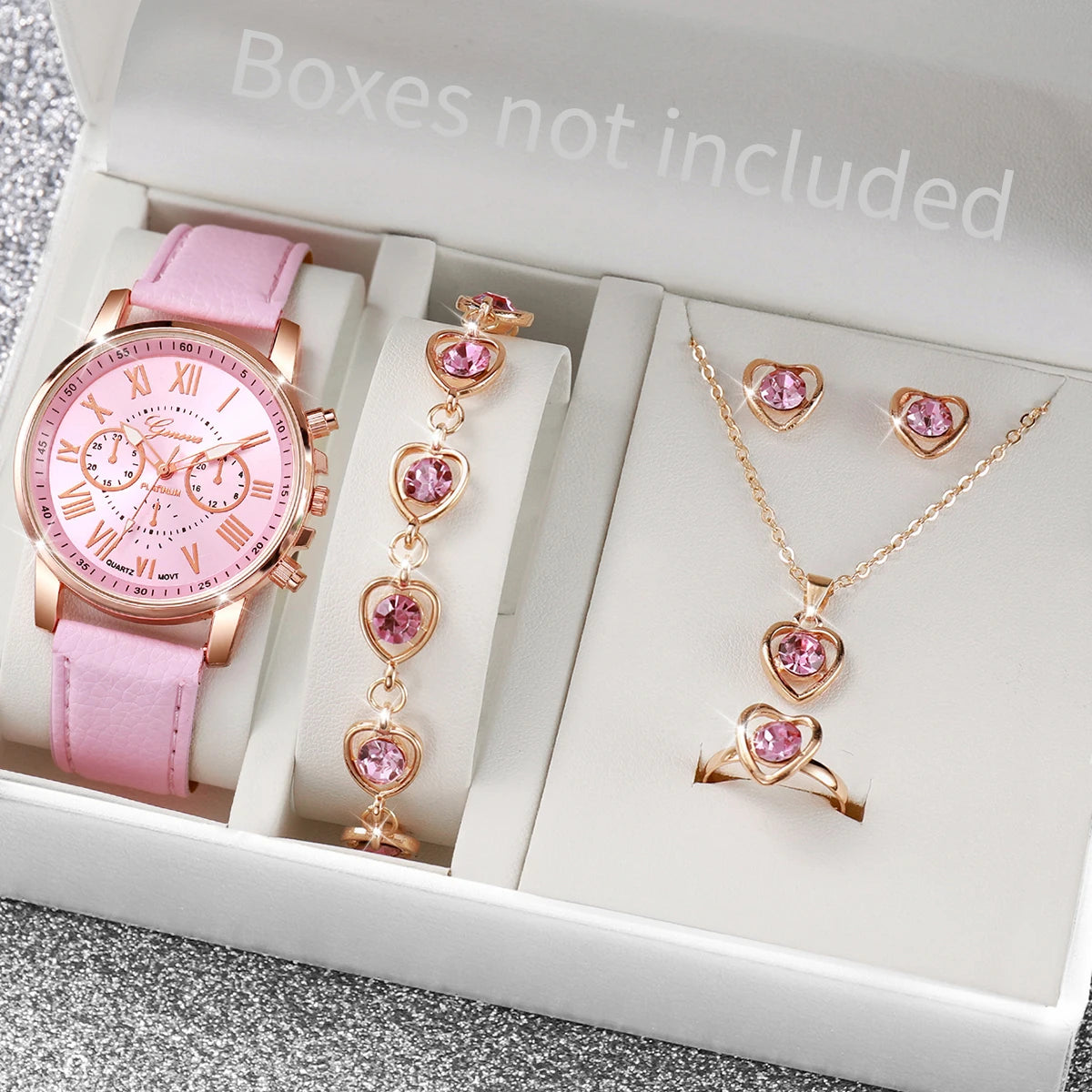Liveify pink leather watch with rose gold heart jewelry set, crystal accents, gift box display