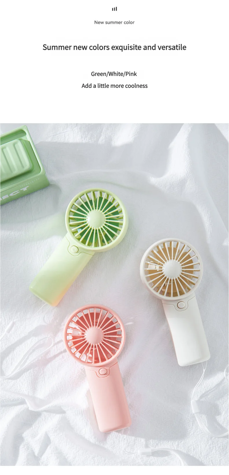 Liveify portable handheld fan in green, white, and pink summer colors, lightweight plastic design for personal cooling