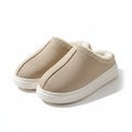 Liveify beige suede slippers with cozy white faux fur lining and decorative stitching