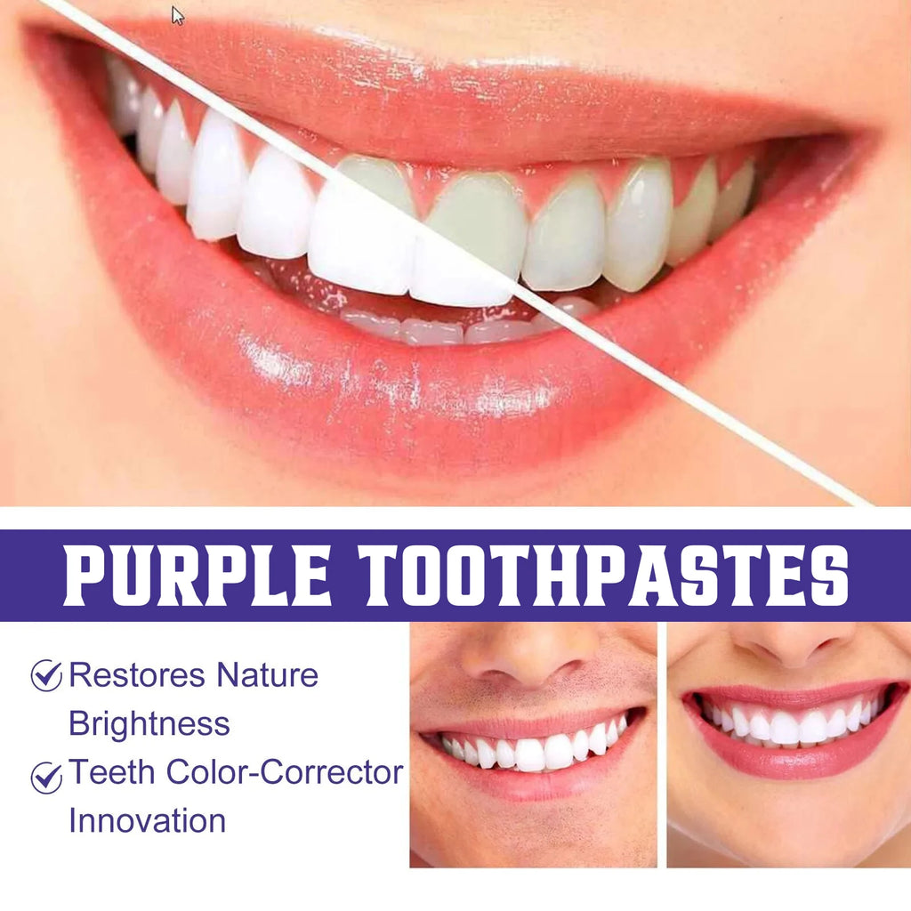 Liveify purple toothpaste before after smile whitening results, restores natural brightness, teeth color corrector