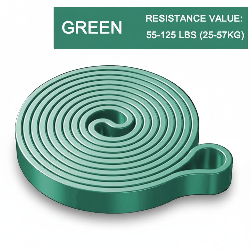Liveify green resistance band with 55-125 lbs tension, coiled design for fitness training