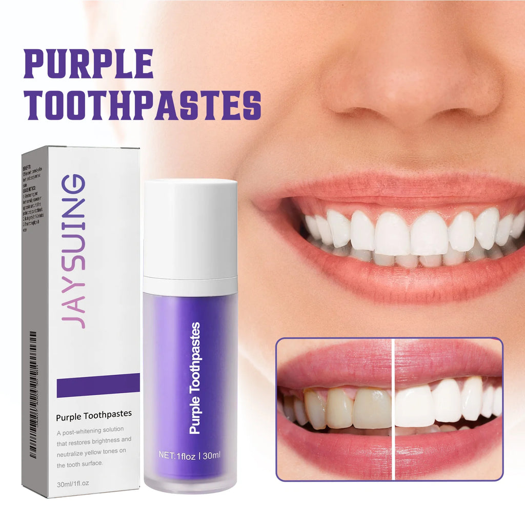 Liveify Purple Toothpaste for teeth whitening, 30ml bottle with before-after smile results