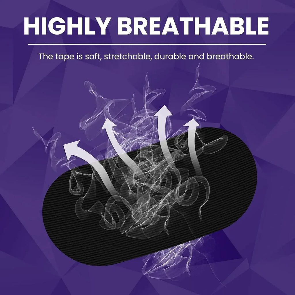Liveify highly breathable black tape with stretchable, durable fabric shown with airflow arrows on purple background