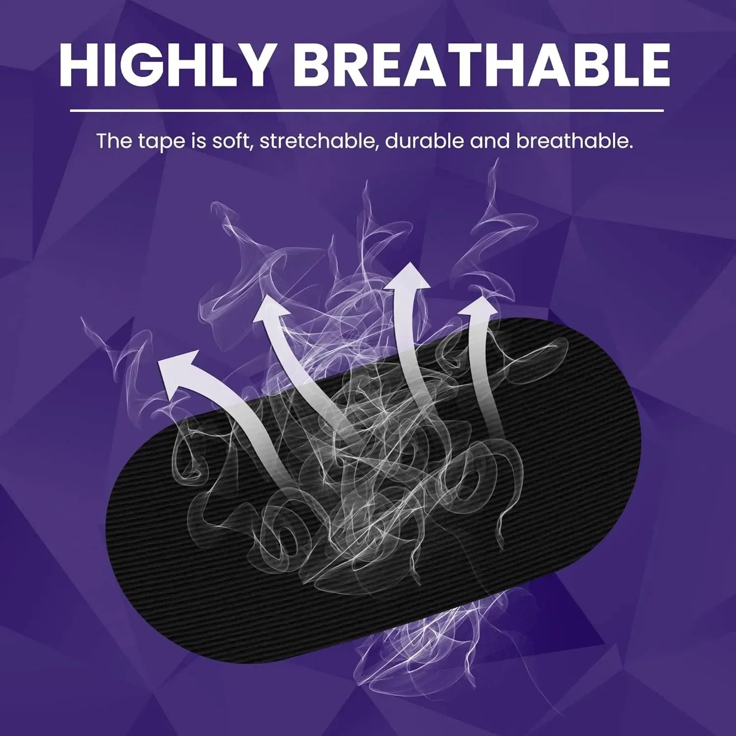 Liveify highly breathable black tape with stretchable, durable fabric shown with airflow arrows on purple background