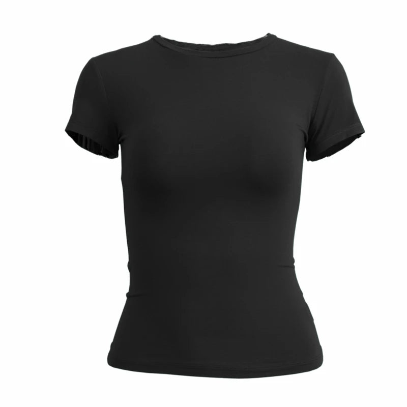 Liveify Women's Slim Fit Knit T-Shirt – Short Sleeve O-Neck Stretch Tee, Casual Y2K Streetwear Top for Everyday Wear