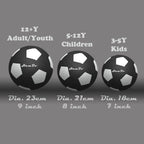 Three soccer balls with size labels for different age groups on a gray background