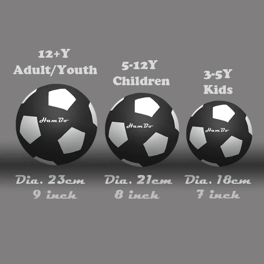 Three soccer balls with size labels for different age groups on a gray background