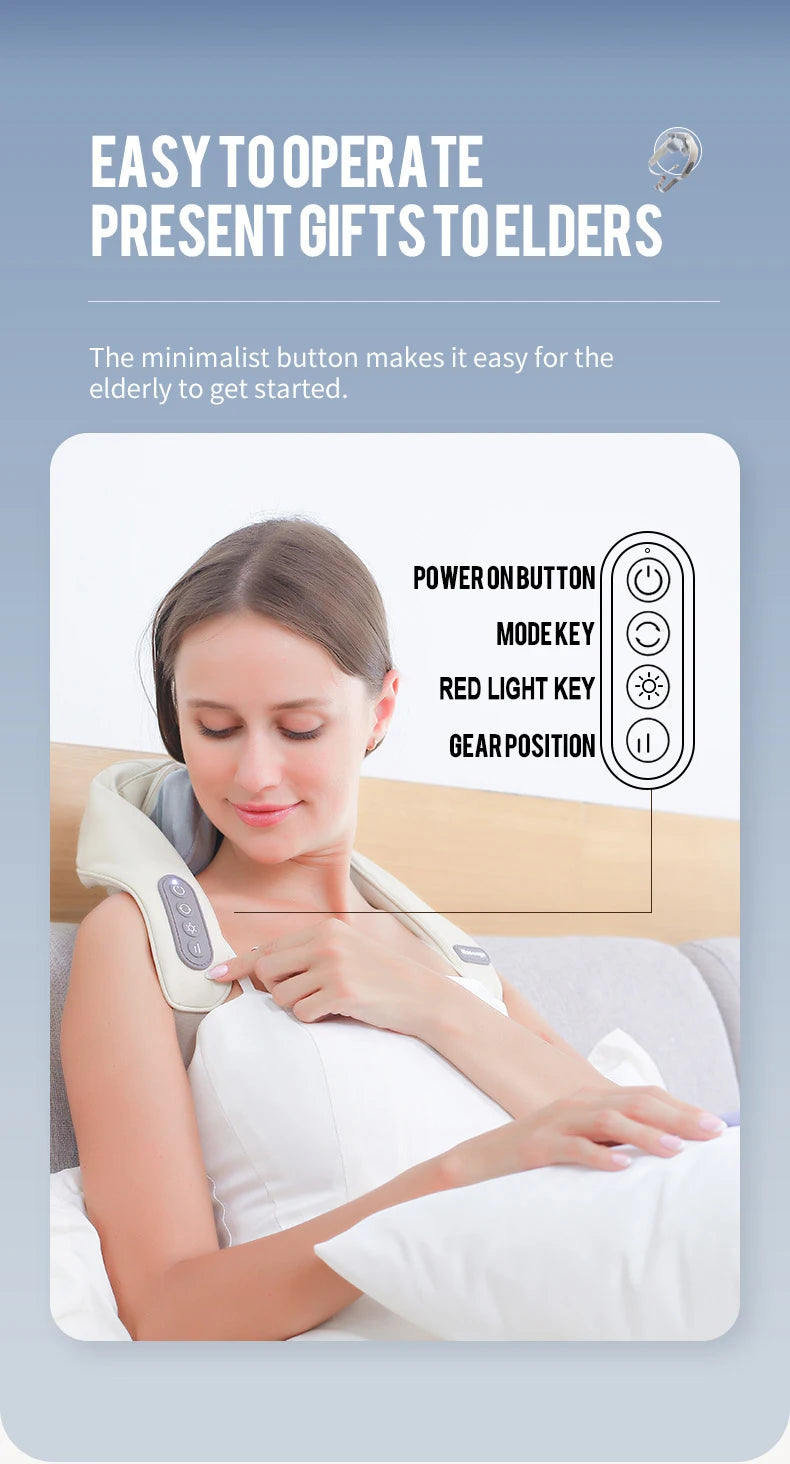 Liveify neck and shoulder massager with minimalist buttons, beige fabric, easy for elders to use, red light therapy feature
