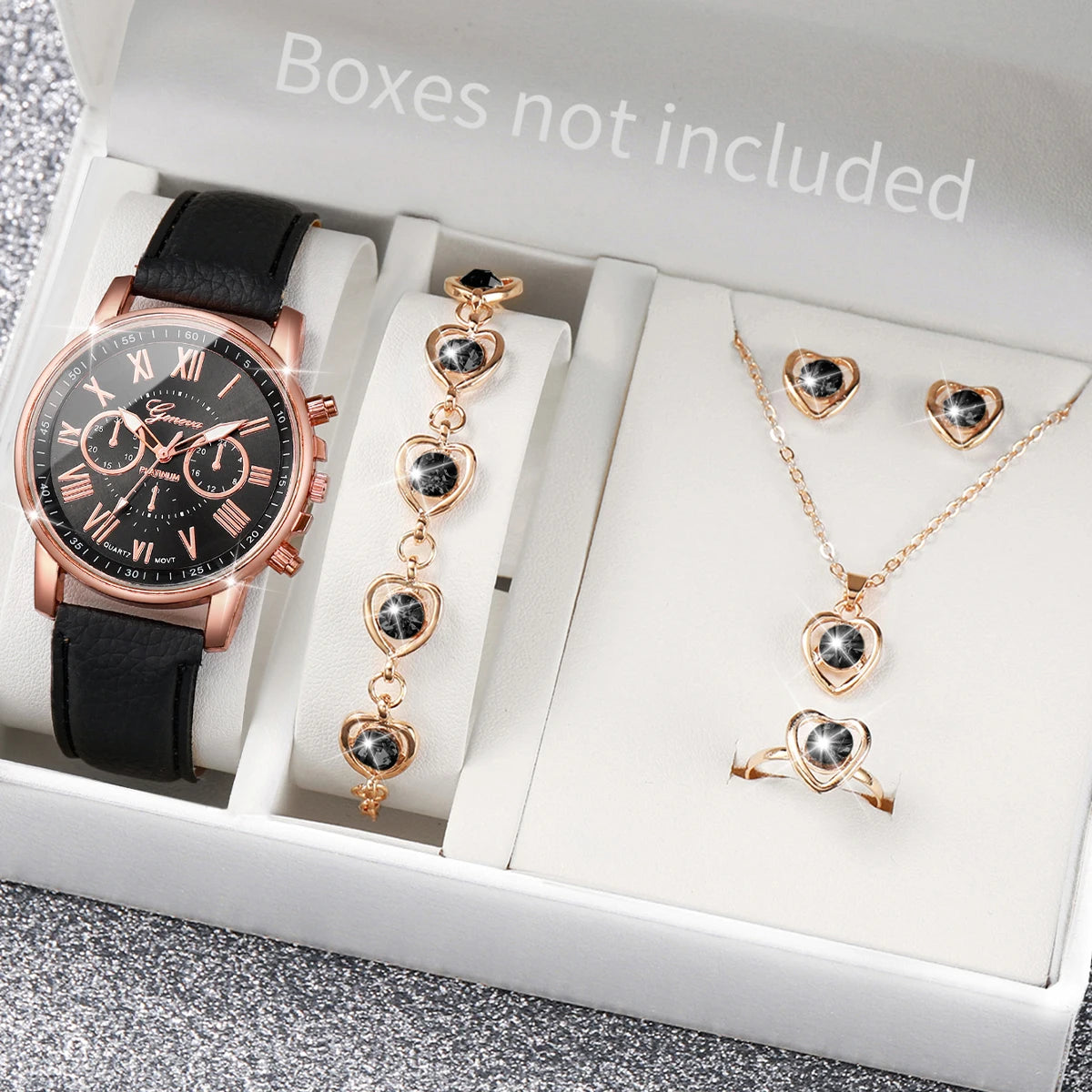 Liveify rose gold watch with black leather strap and matching heart jewelry set featuring necklace, earrings, ring, and bracelet