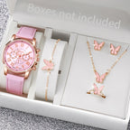 Liveify pink butterfly watch and jewelry set with rose gold accents, featuring necklace, earrings, ring, and bracelet in gift box