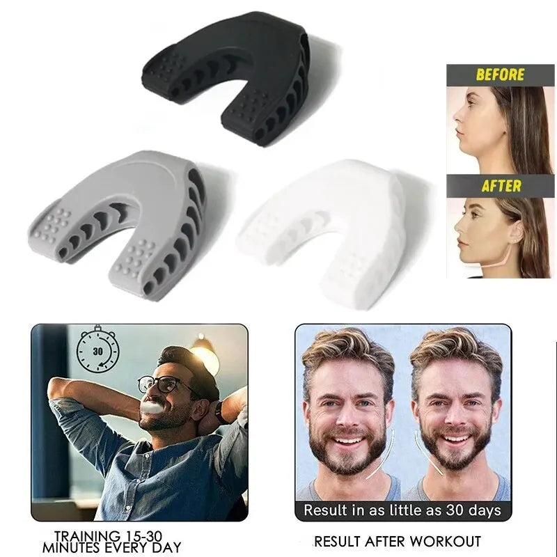 Liveify black, gray, and white silicone jaw exercisers for facial toning, shown with before-after results and daily training guide