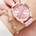 Liveify pink leather strap watch with rose gold case, Roman numerals, and matching heart charm bracelet