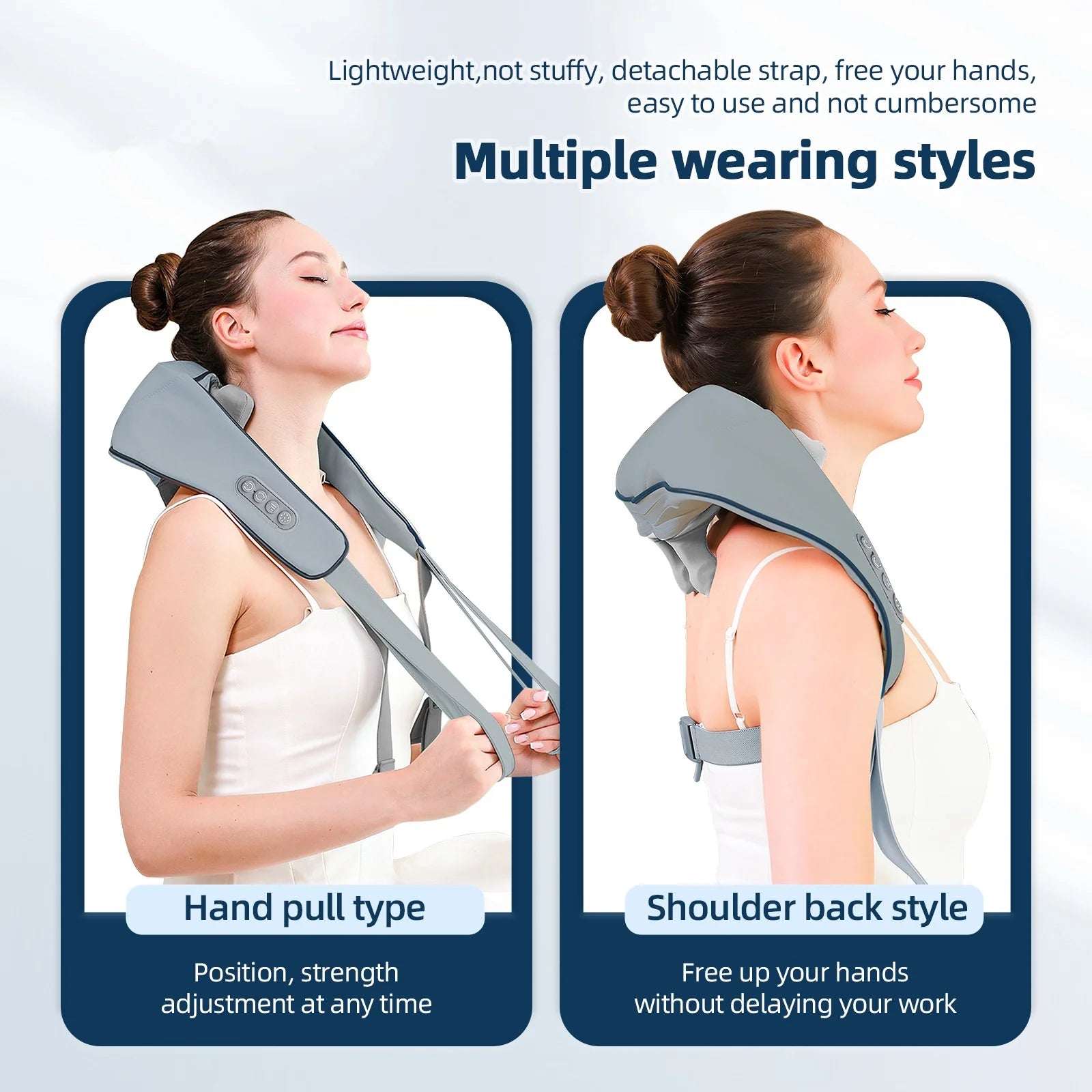 Liveify gray neck and shoulder massager with detachable strap, showing hand pull and shoulder back wearing styles