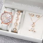 Liveify rose gold watch with white strap and matching heart crystal jewelry set including necklace, bracelet, earrings, and ring