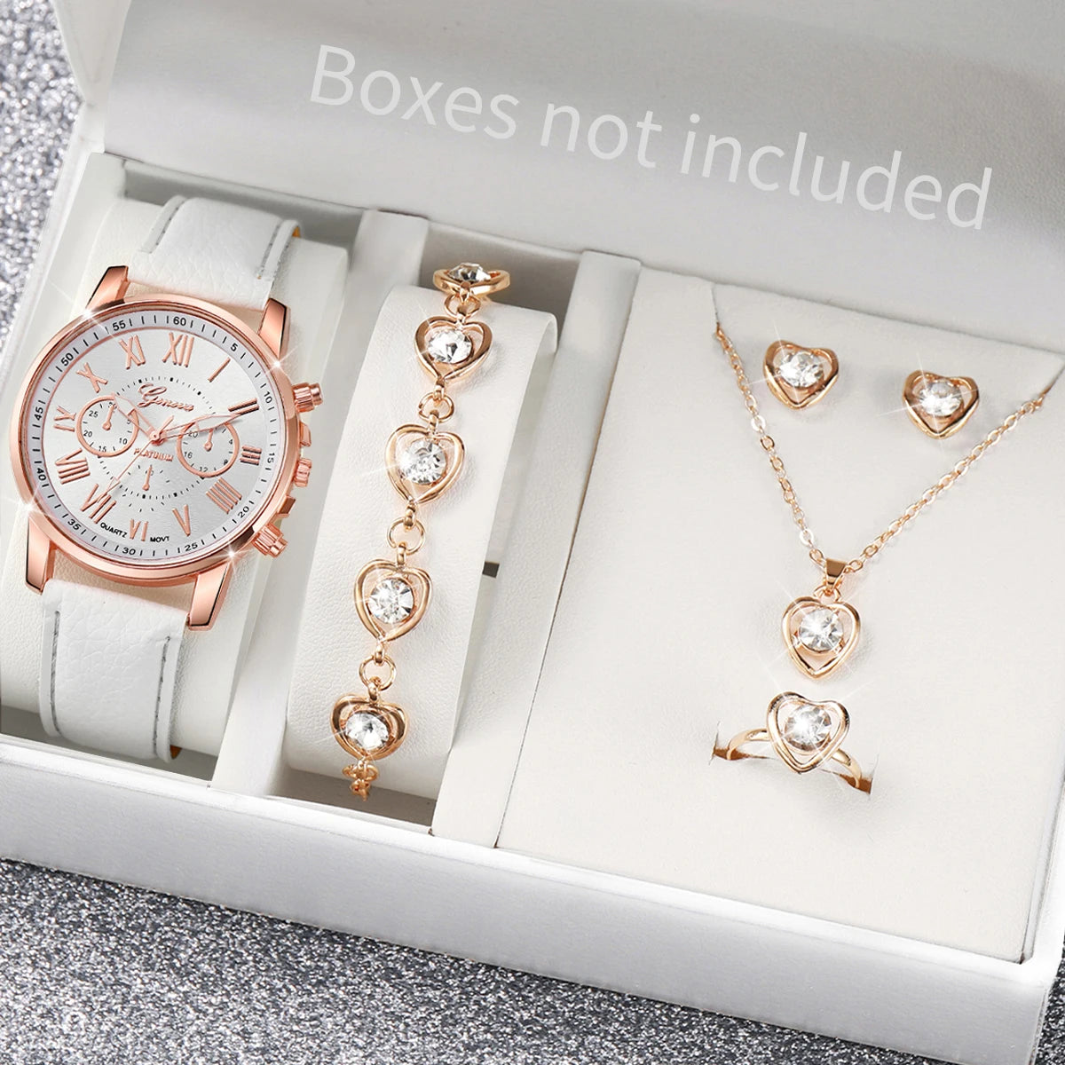 Liveify rose gold watch with white strap and matching heart crystal jewelry set including necklace, bracelet, earrings, and ring