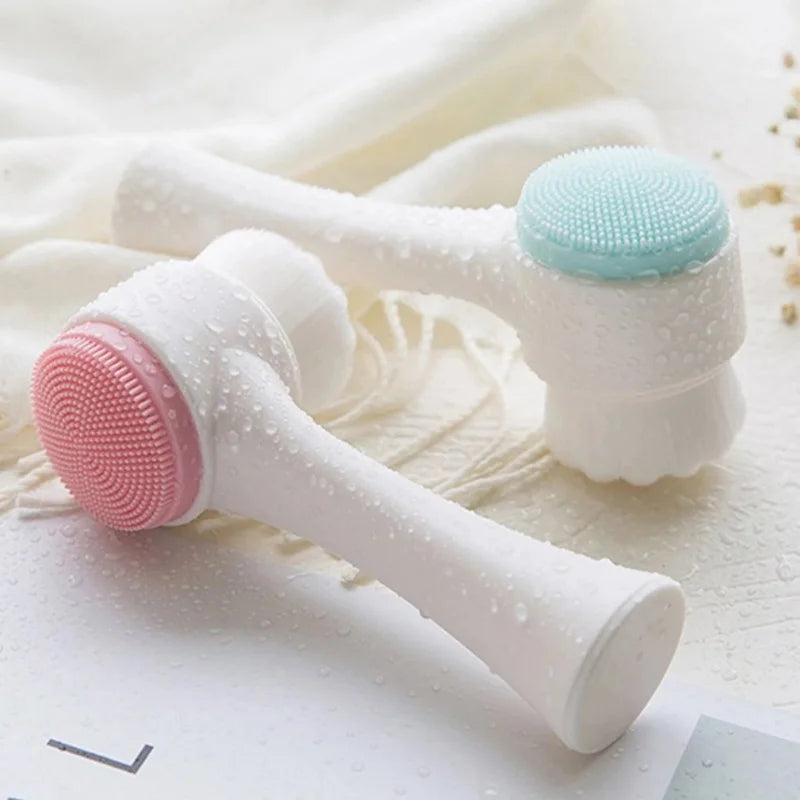 Liveify pink and mint silicone facial cleansing brushes with soft bristles, water droplets on white handles