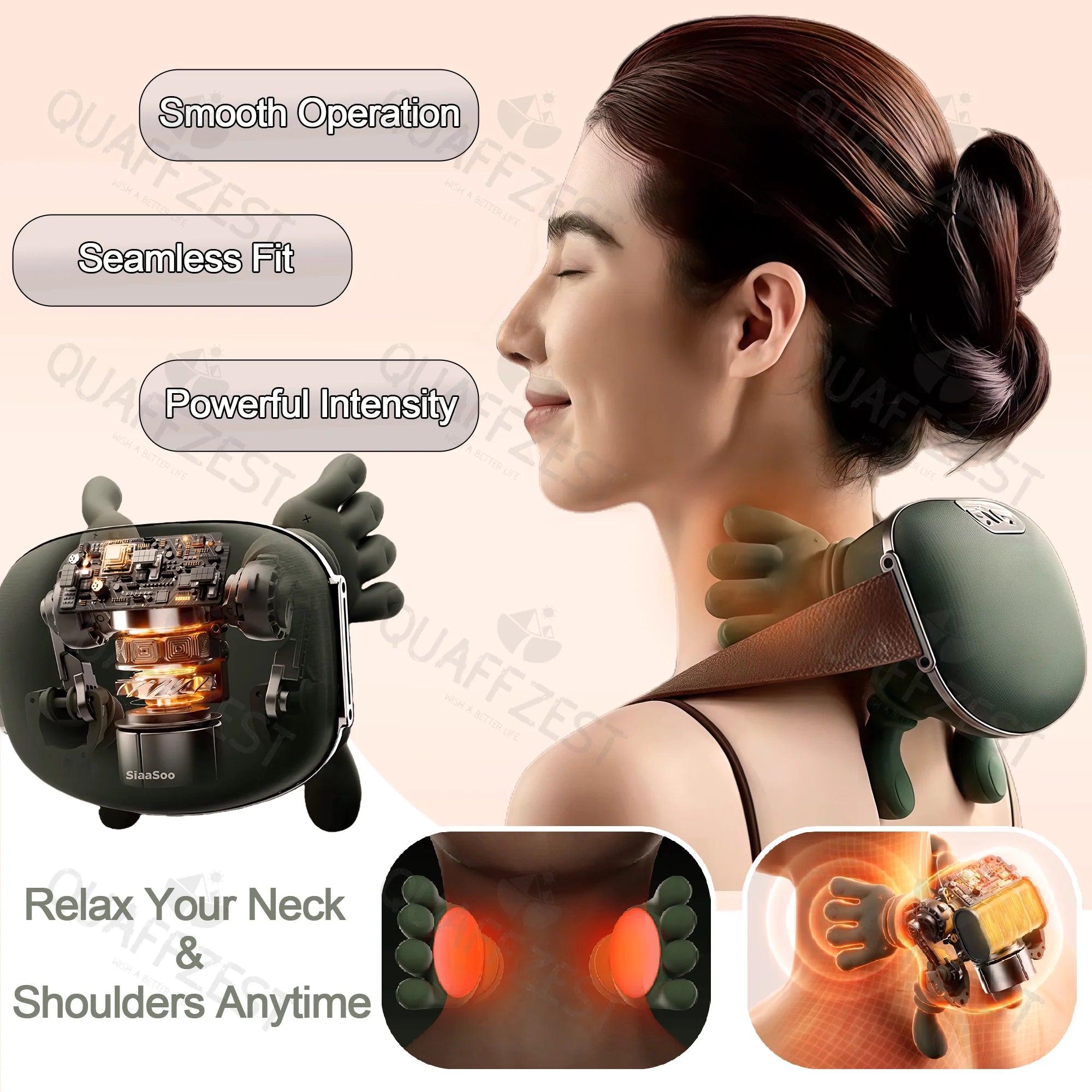 Woman using a neck and shoulder massager with product features highlighted.