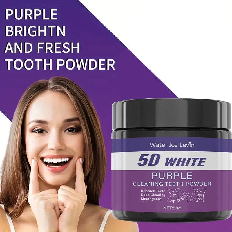 Liveify 5D White Purple Cleaning Tooth Powder in black jar, brightens teeth with deep cleaning formula
