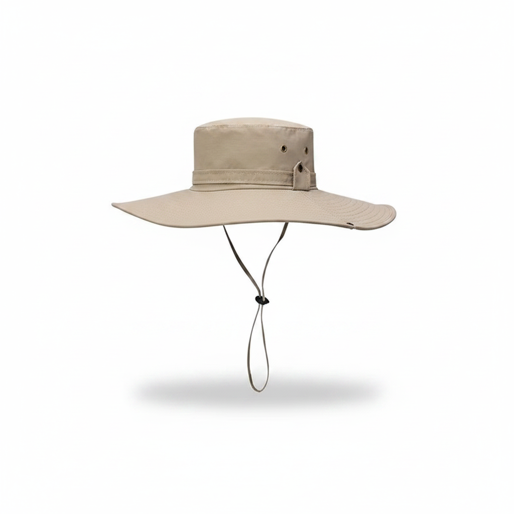 Liveify beige wide-brimmed sun hat with adjustable chin strap, ideal for outdoor adventures