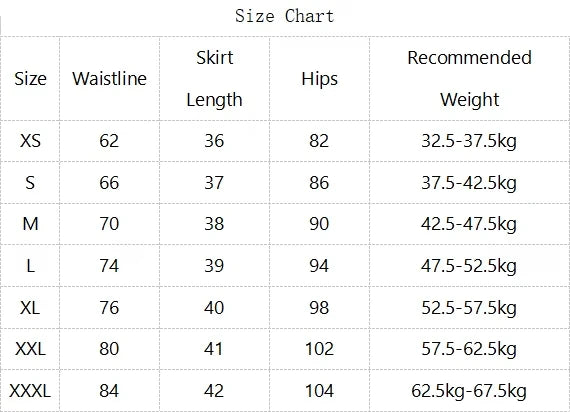 Liveify women's skirt size chart with measurements for waistline, length, hips, and recommended weight