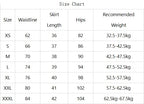 Liveify women's skirt size chart with measurements for waistline, length, hips, and recommended weight