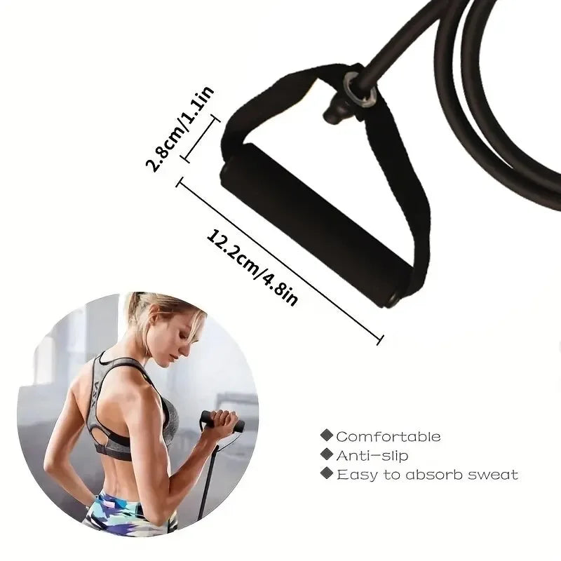 Liveify black resistance band handle with anti-slip grip, shown with workout dimensions and comfort features