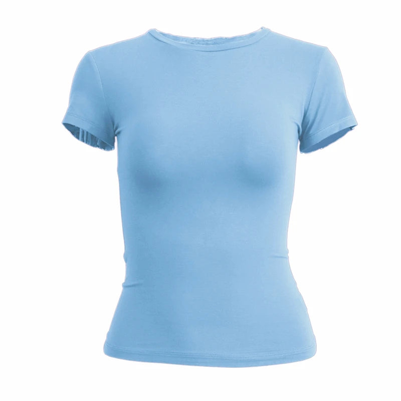 Liveify Women's Slim Fit Knit T-Shirt – Short Sleeve O-Neck Stretch Tee, Casual Y2K Streetwear Top for Everyday Wear