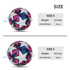 Liveify Size 4 & 5 soccer ball, white with pink and blue star pattern, synthetic material, 63cm and 69cm circumference
