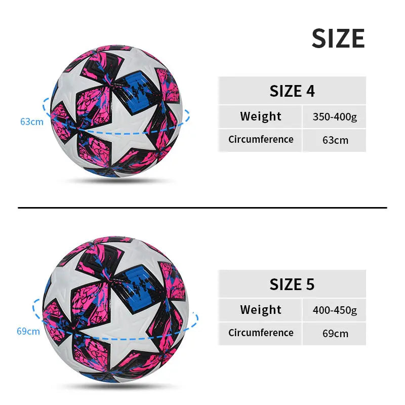 Liveify Size 4 & 5 soccer ball, white with pink and blue star pattern, synthetic material, 63cm and 69cm circumference