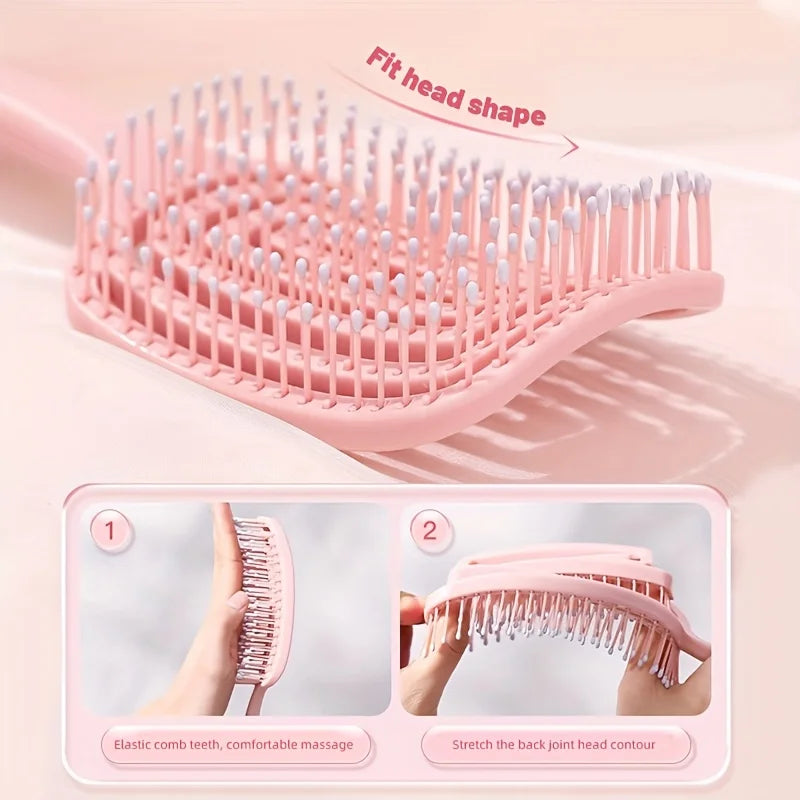 Liveify pink flexible scalp massager brush with elastic teeth, fits head shape for comfortable hair care