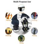 Liveify black and white ice cleats with yellow spikes for hiking, climbing, fishing, walking, playing, and hunting