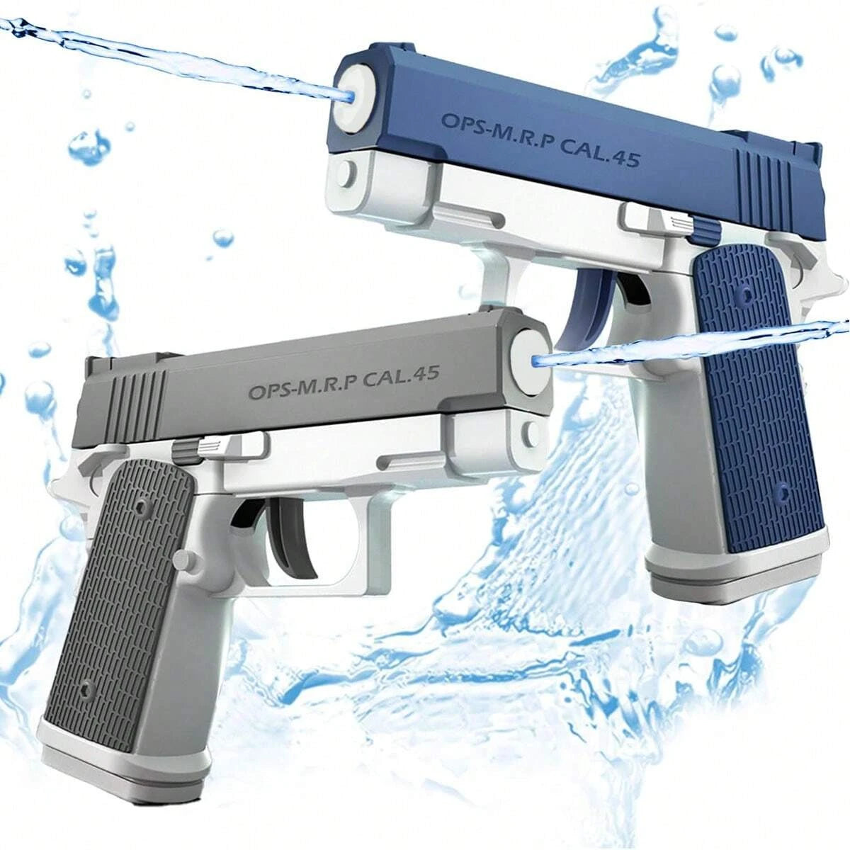 Two toy guns with blue and gray design on a white background